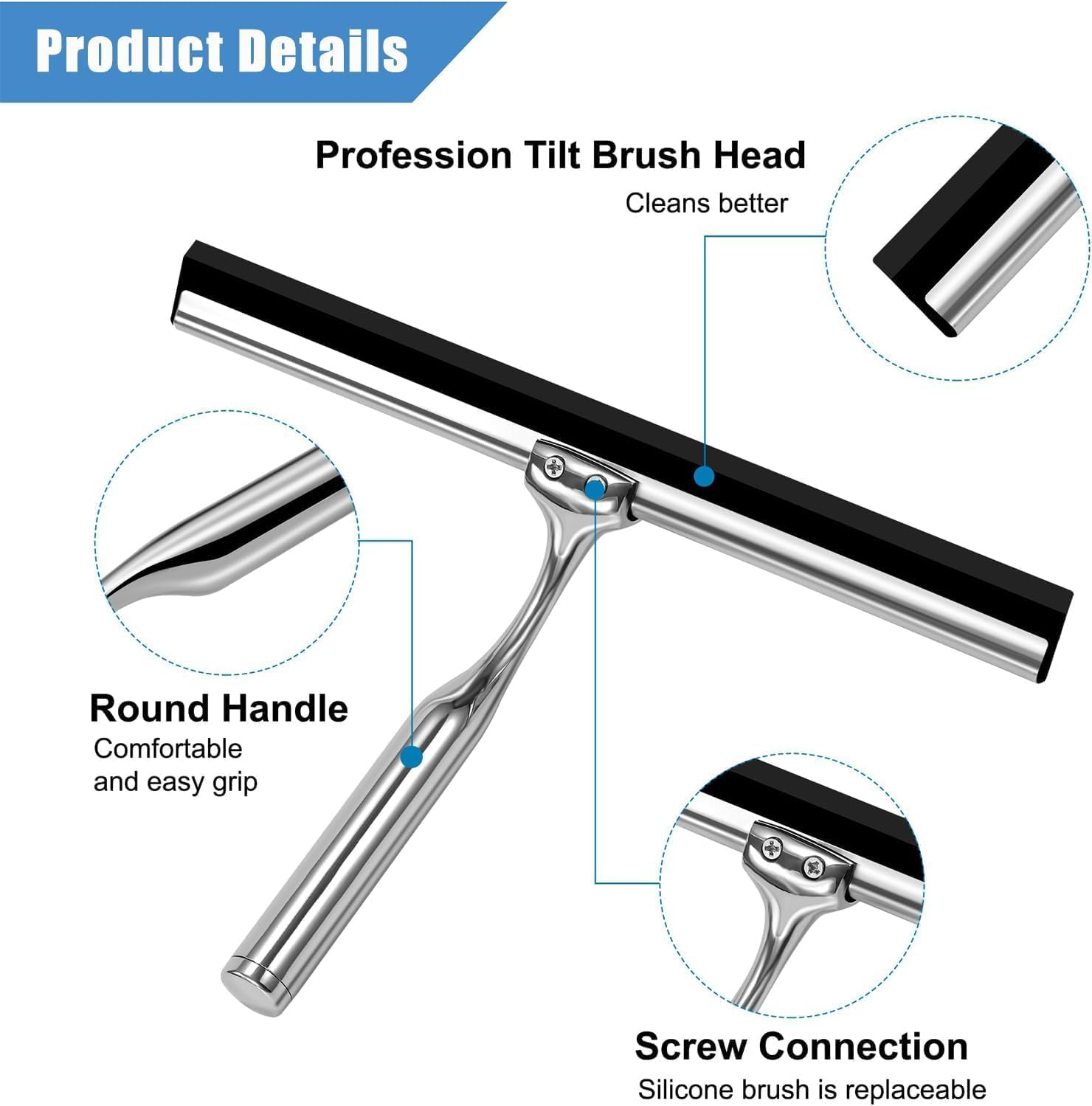 Shower Squeegee, Bathroom Window Squeegee, All Purpose Silicone Blade Window Wiper Tool Raclette Douche for Doors Window Car Mirror Glass Ceramic Wall, with Hook (10 Inch, Silver) image number 4