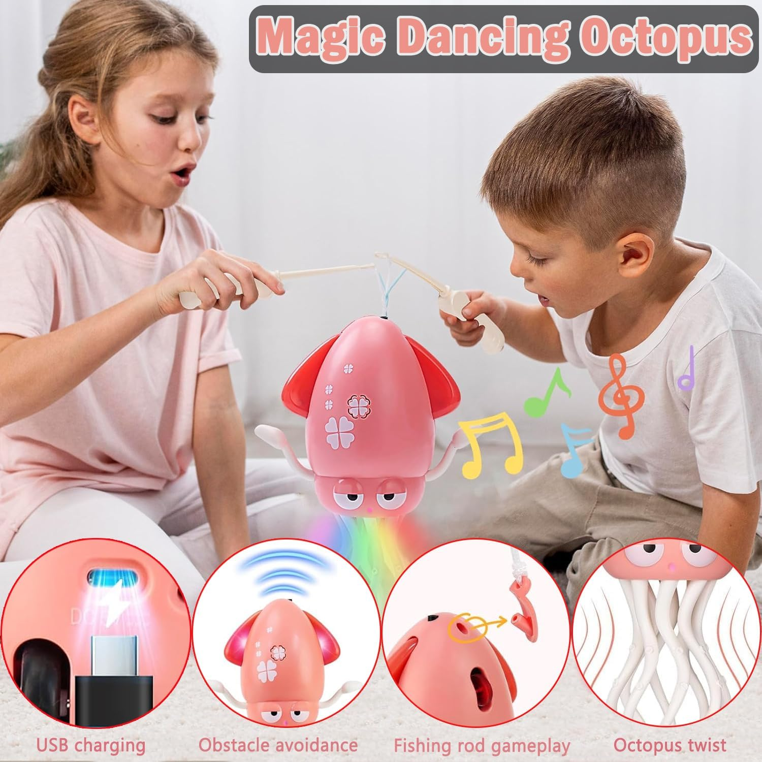 Electric Dancing Octopus Toy, Rechargeable Crawling Octopus Toys with Automatic Obstacle Avoidance, with Lights Music and Fishing Rod, Kid Crawling Toys Suitable for Tummy Time (Pink) image number 4