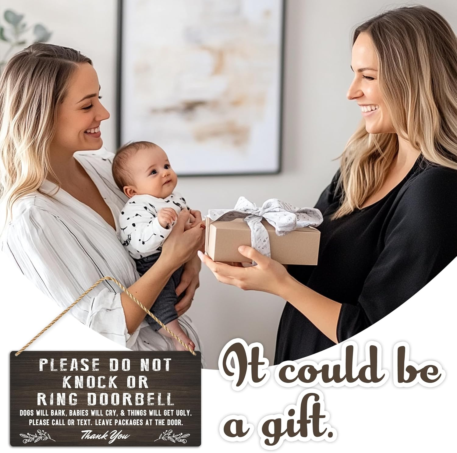 Do Not Knock Baby Sleeping Sign for Front Door, Double-Sided PVC Rustic Please Do Not Ring Doorbell No Soliciting Hanging Sign for Home, House, Office, Business（Without Ropes） image number 2