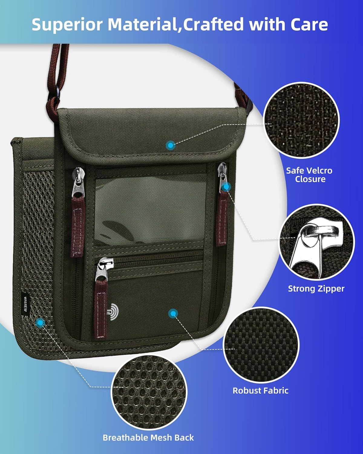 WALNEW Passport Holder Neck Pouch Travel Neck Wallet with RFID Blocking - 7 Pockets with Adjustable Neck Strap to Keep Your Passport Document and Credit Card Safe (Army Green) - Black / Black image number 6