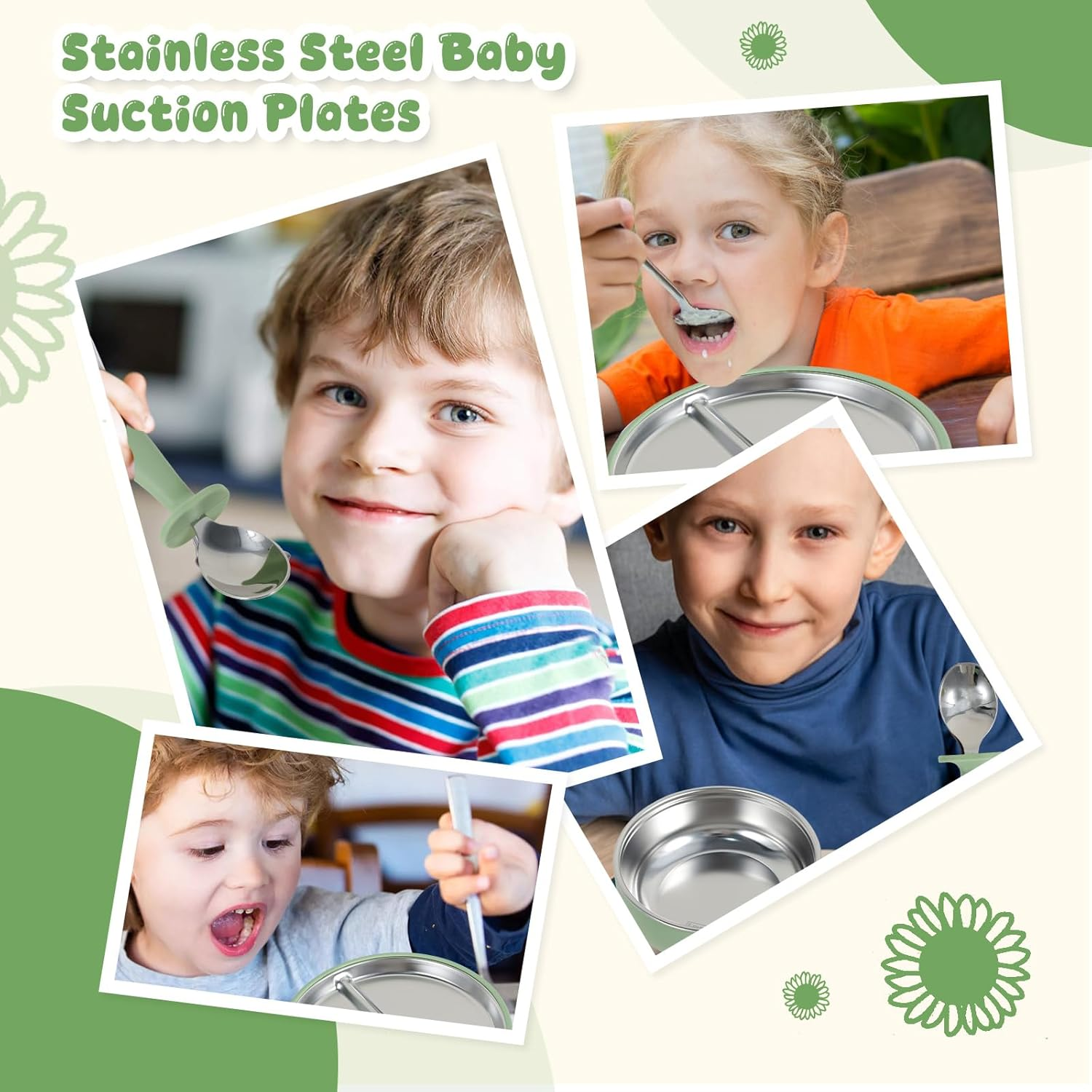 Awobepl 6Pcs Stainless Steel Suction Plate Firm Adhesion Utensils with 4 Silicone Suction Cup anti Drop for Children (Light Green) - Light Green image number 4