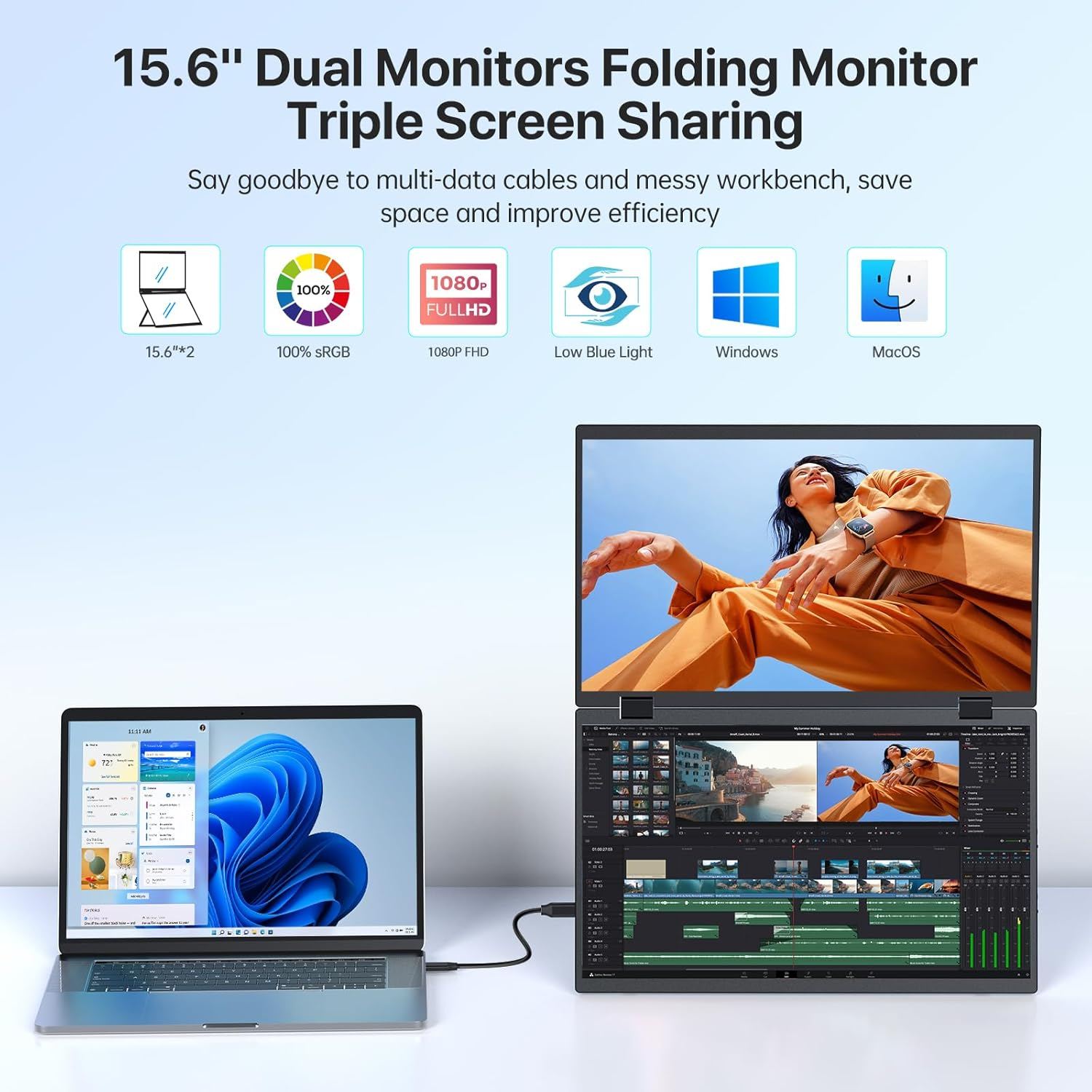 EVICIV 15.6" Dual Portable Monitor for Laptop, 1080P HDR Stacked Display, 360&deg; Folding, Plug & Play, Vertical Screen Extender with Adjustable Stand for Pc/Phone/Game Console (No Driver Needed) image number 3