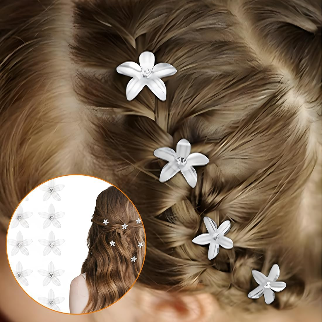 Zeayebsr Pack of 10 White Small Flower Hair Accessories, Hair Clip Flower, Hair Clips, Mini Cute Rhinestone Metal Hair Pins for Women, Bridal Hair Clips for Girls, Wedding, Hair Accessories, image number 4