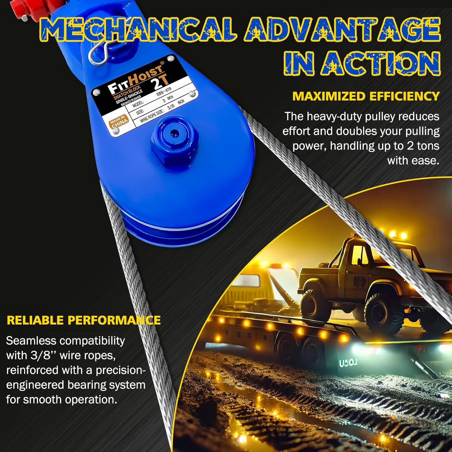 FITHOIST 2 Ton Snatch Block with G80 Chain | 3'' Sheave for 3/8" Inch Wire Rope | Pulley Block with Shackle for Heavy Duty Towing and Recovery Equipment | Tow Truck Rollback Wrecker Car Hauler Winch image number 2