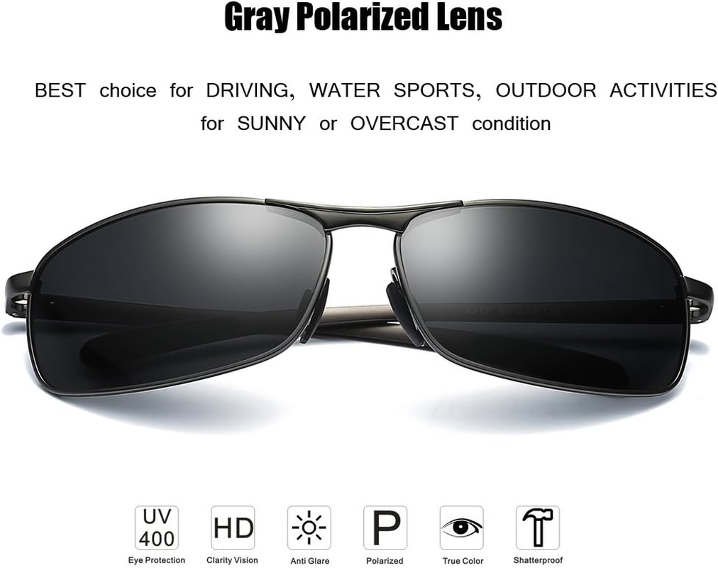 ZHILE Rectangular Polarized Sunglasses Al-Mg Alloy Temple Spring Hinge UV400 (Gunmetal, Gray)