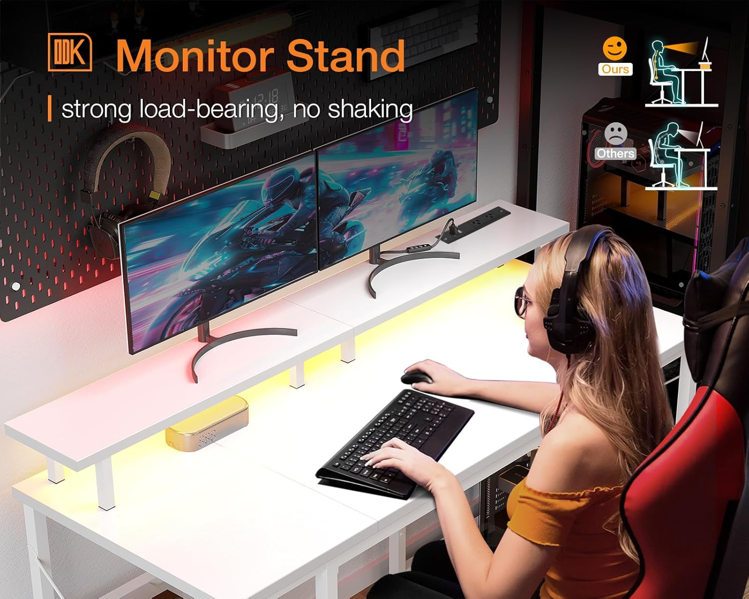 ODK Computer Desk with RGB Light Strip & Built-In Socket, Office Desk with Large Monitor Stand, Gaming Table with Monitor Stand, 120 * 50 * 86.8Cm,White image number 5