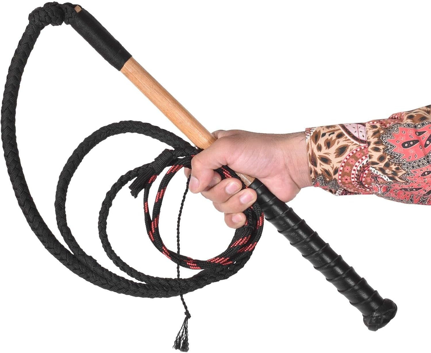 Stock Whip 7 Ft Long and 12 Plaits Leather Phobia Black and Red Para Cord Nylon Indiana Jones Equestrian Whip Bull Whip image number 6