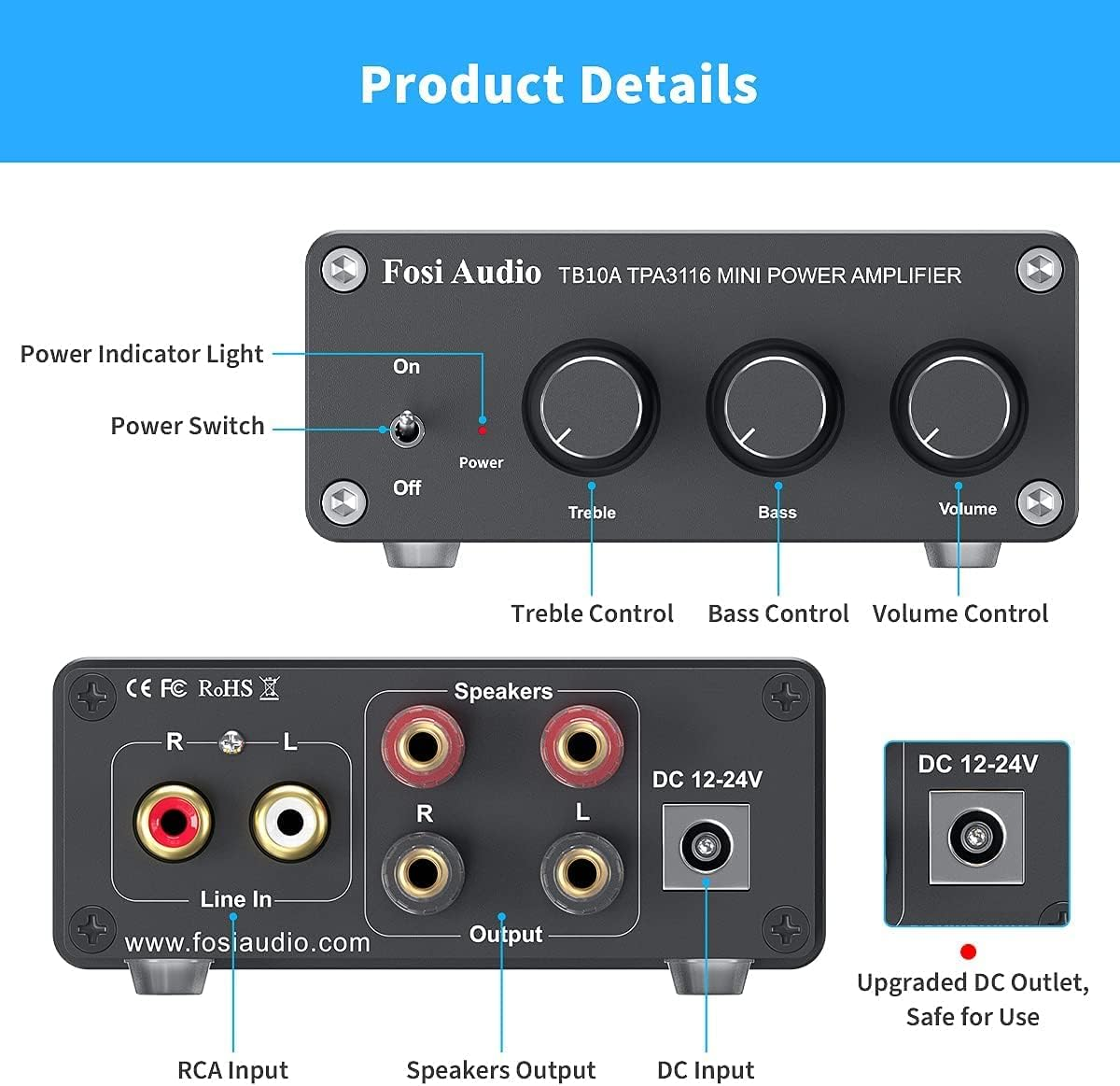 Fosi Audio TB10A 2 Channel Stereo Audio Amplifier Receiver, Mini Hi-Fi Class D Integrated TPA3116 Amp for Speakers 100W X 2, with Bass and Treble Control (With 24V AU Power Supply) image number 3