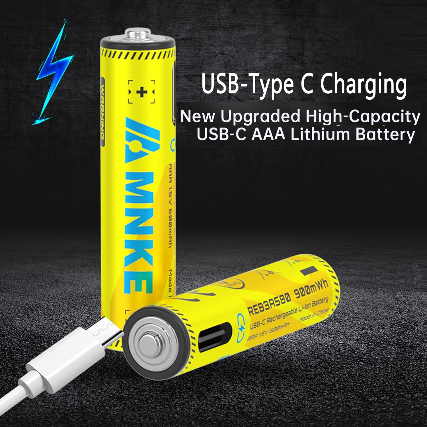 4PCS AAA Rechargeable Lithium Batteries 1.5V 900Mwh High-Capacity 2000+ Cycles Ultra-Long Lasting Time Durable Cycle 4-Pack Set with Type-C Cable (Black 4-Pack Set) image number 2