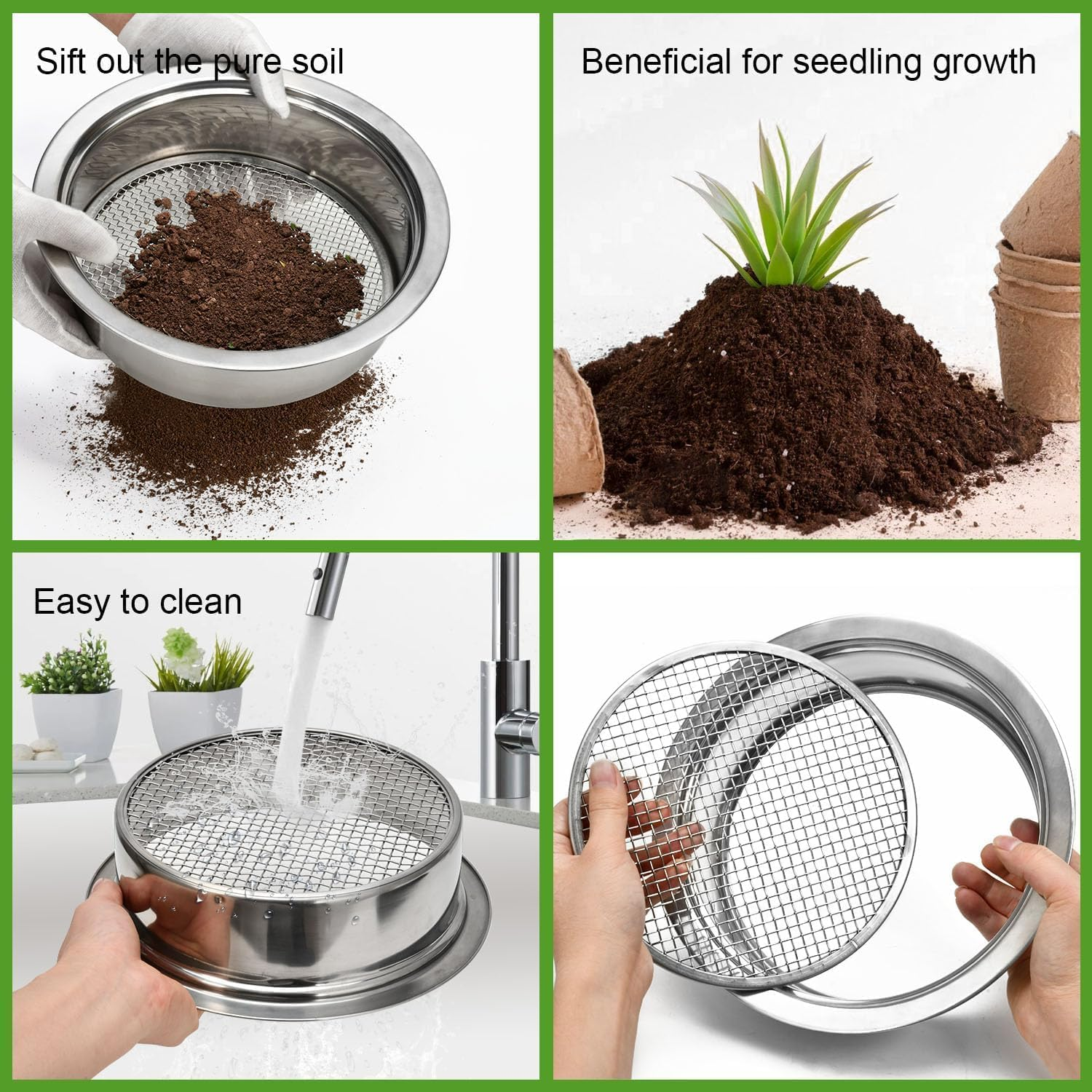 Soil Sieve Sifter Set Stainless Steel,Garden Sieve Set with 3 Interchangeable Mesh 1,3,6Mm,Sifting Screen for Dirt, Sand, Rock, Filtration, Compost, with Soil Scoops Gardening Tool image number 4