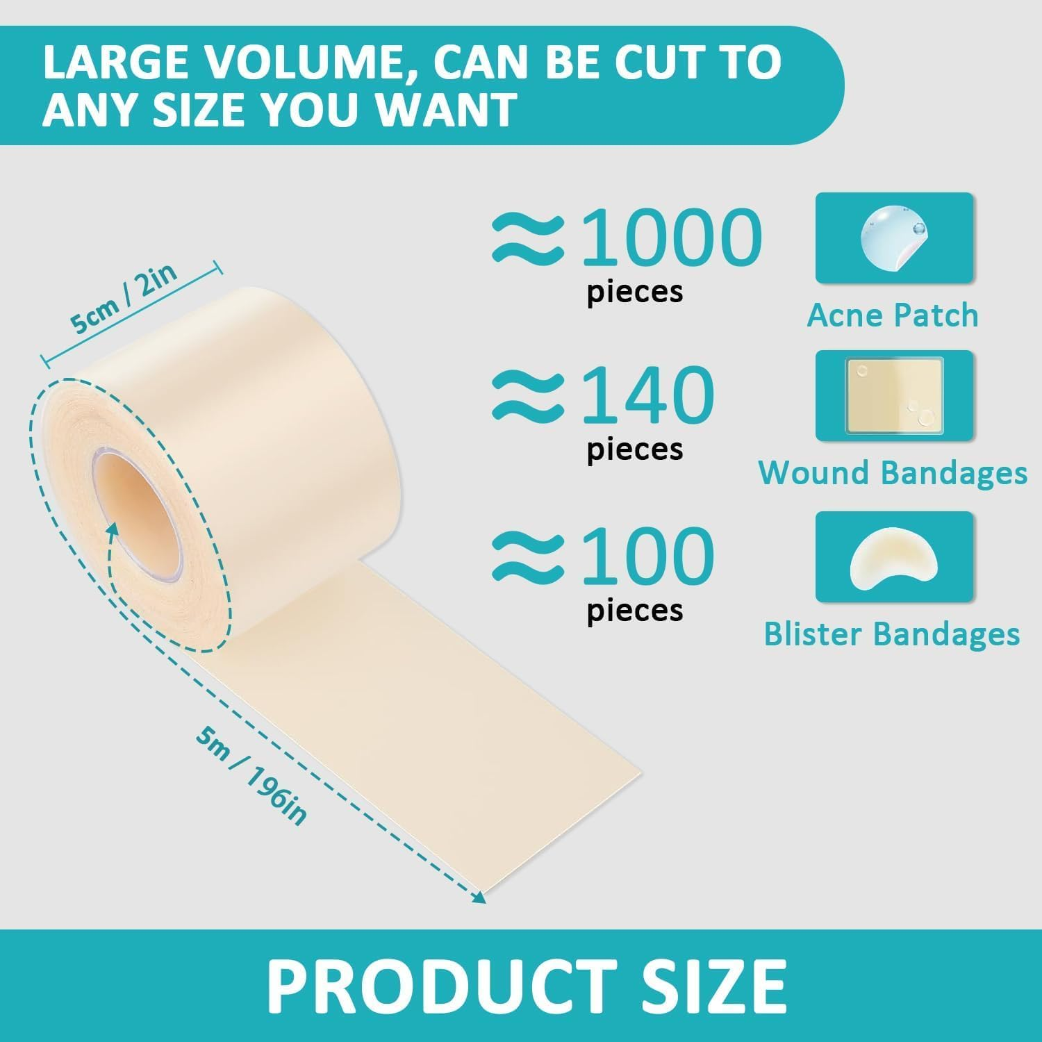 Medical Hydrocolloid Bandages Roll, Hydrocolloids Rolls for Wound Care, Cut to Size, Ultra Absorbent, Flexible and Waterproof, Home First Aid Kit Essential, 5Cm*2M image number 1