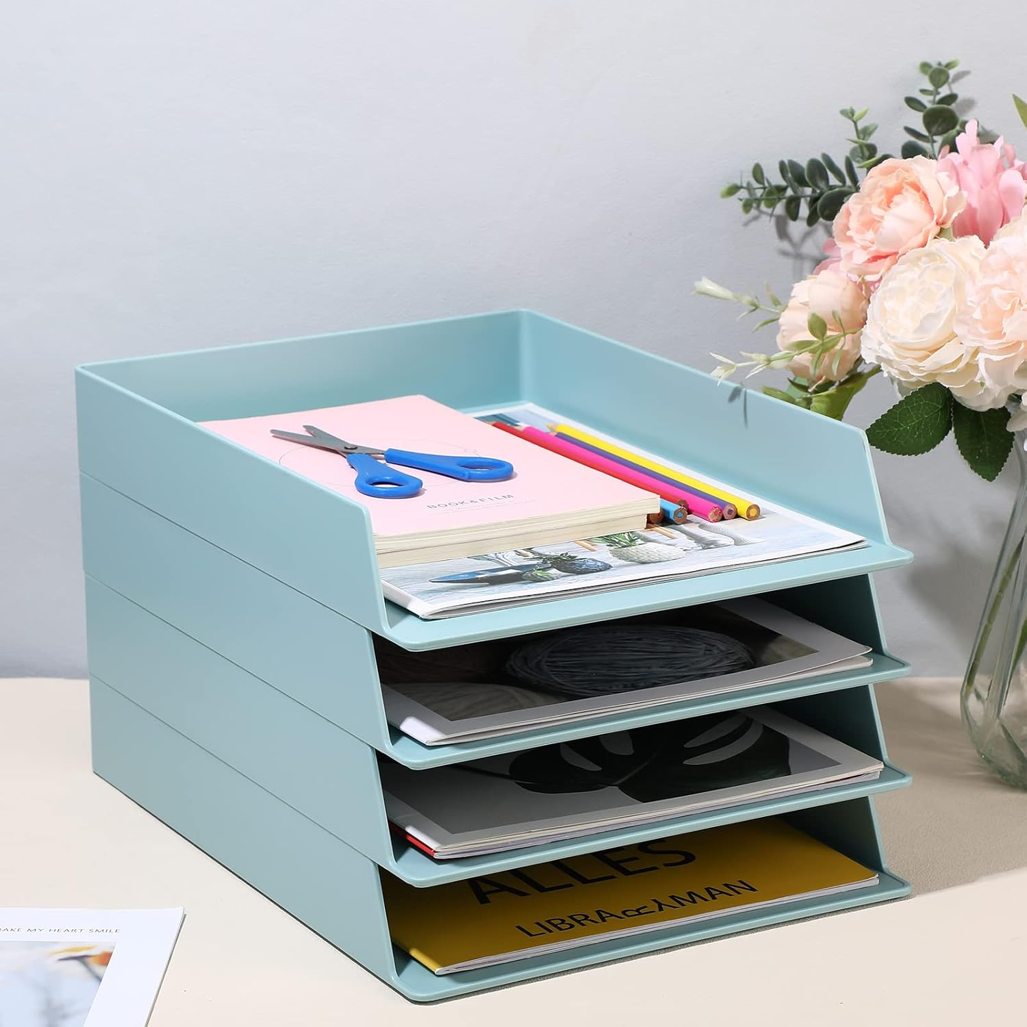 Tatuo 4 Pack Stackable Paper Trays Plastic Letter Tray Desk Organizer Paper Holder Organizer Storage Office Desk Accessories for Classroom Magazine File Documents 12.8 X 9.45 X 1.97, Blue Green image number 5