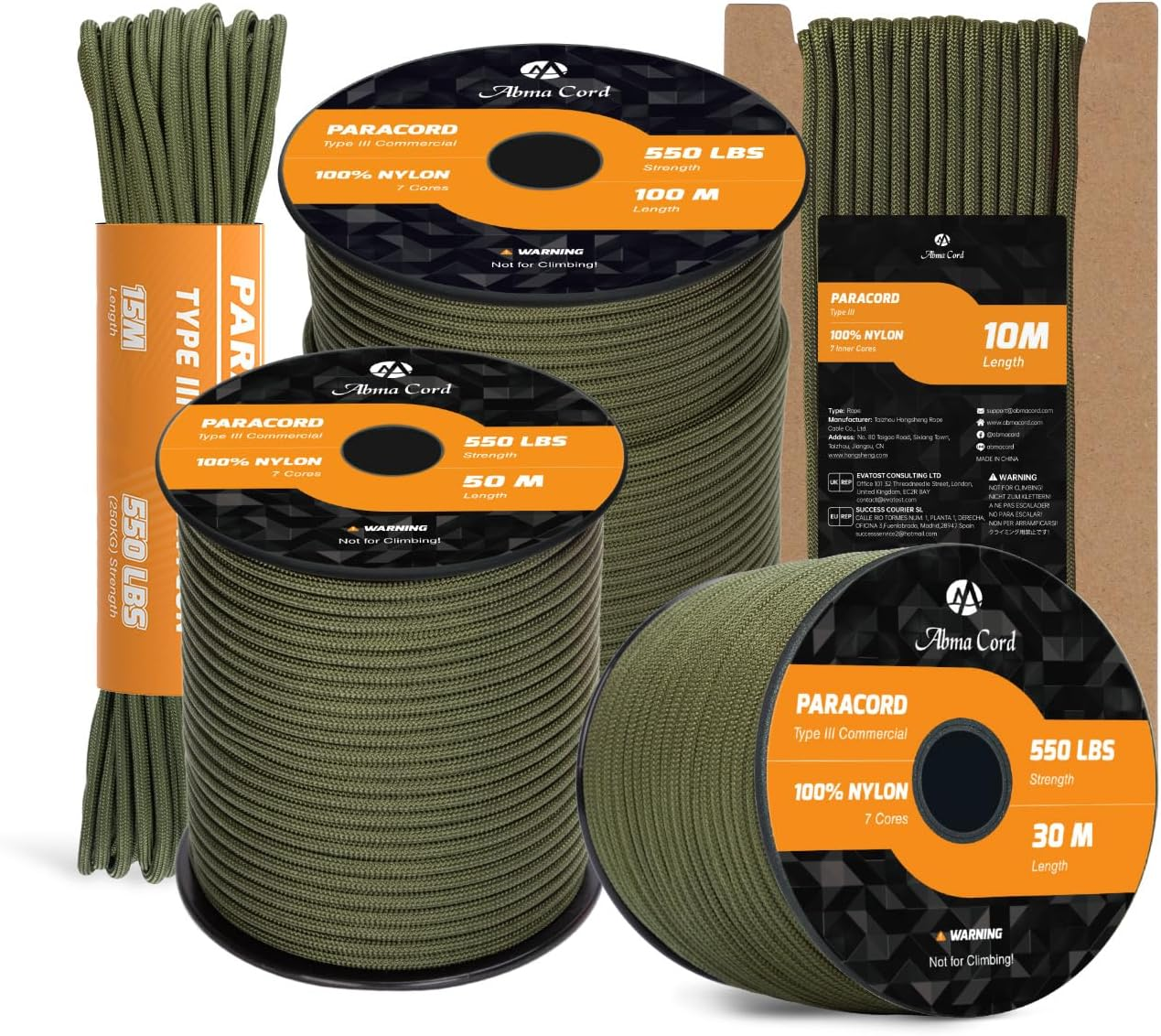 Abma Cord Paracord 550 4Mm 30M 100% Nylon Rope Type III 7 Strands Parachute Cord for DIY, Camping, Survival, Outdoor - Max. 250Kg - Black