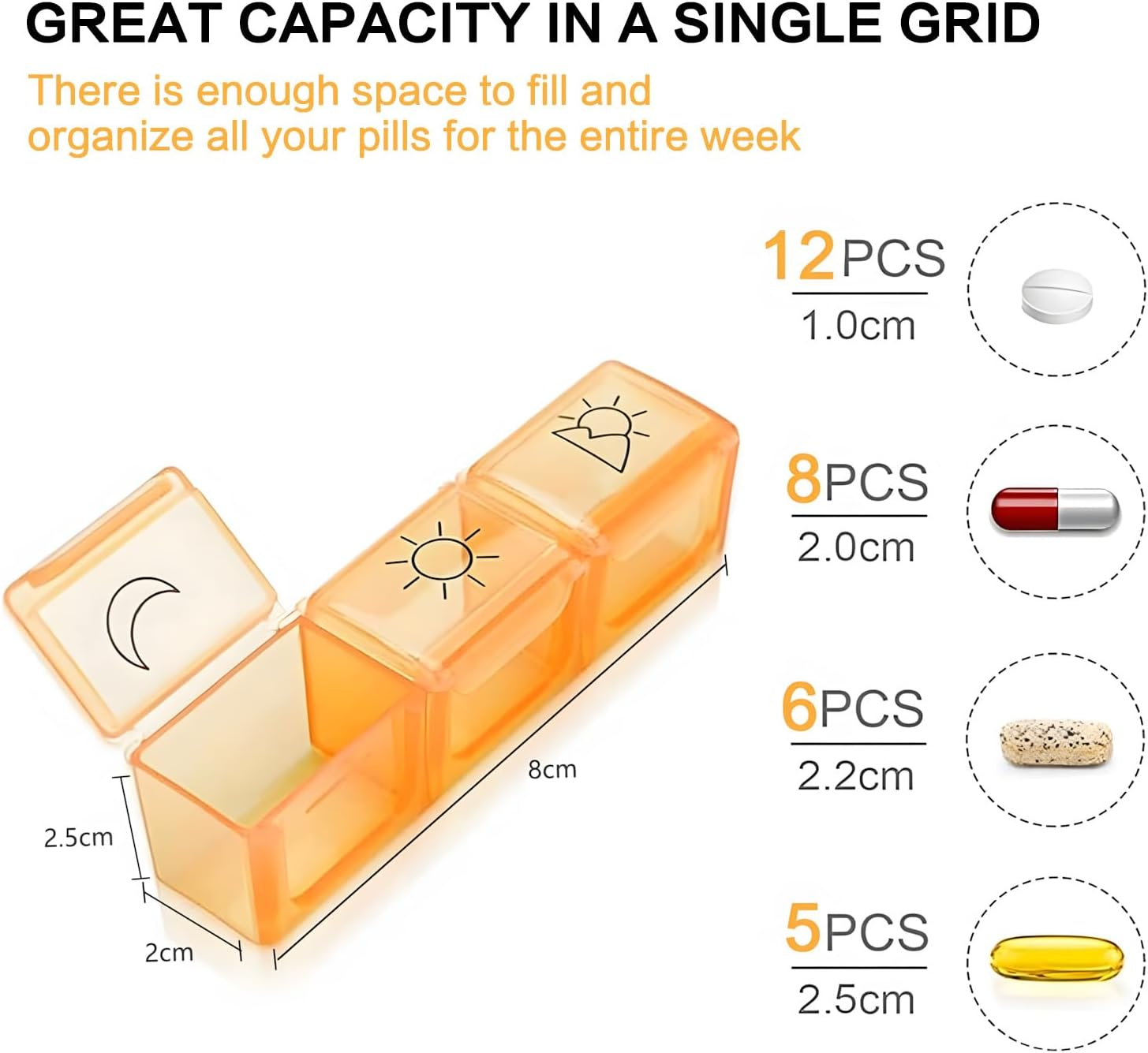 Sundonix 7-Day & 3-Times Pill Organiser - 3 Compartment Medicine Dispenser - Portable, Spill Proof, Bpa-Free image number 3