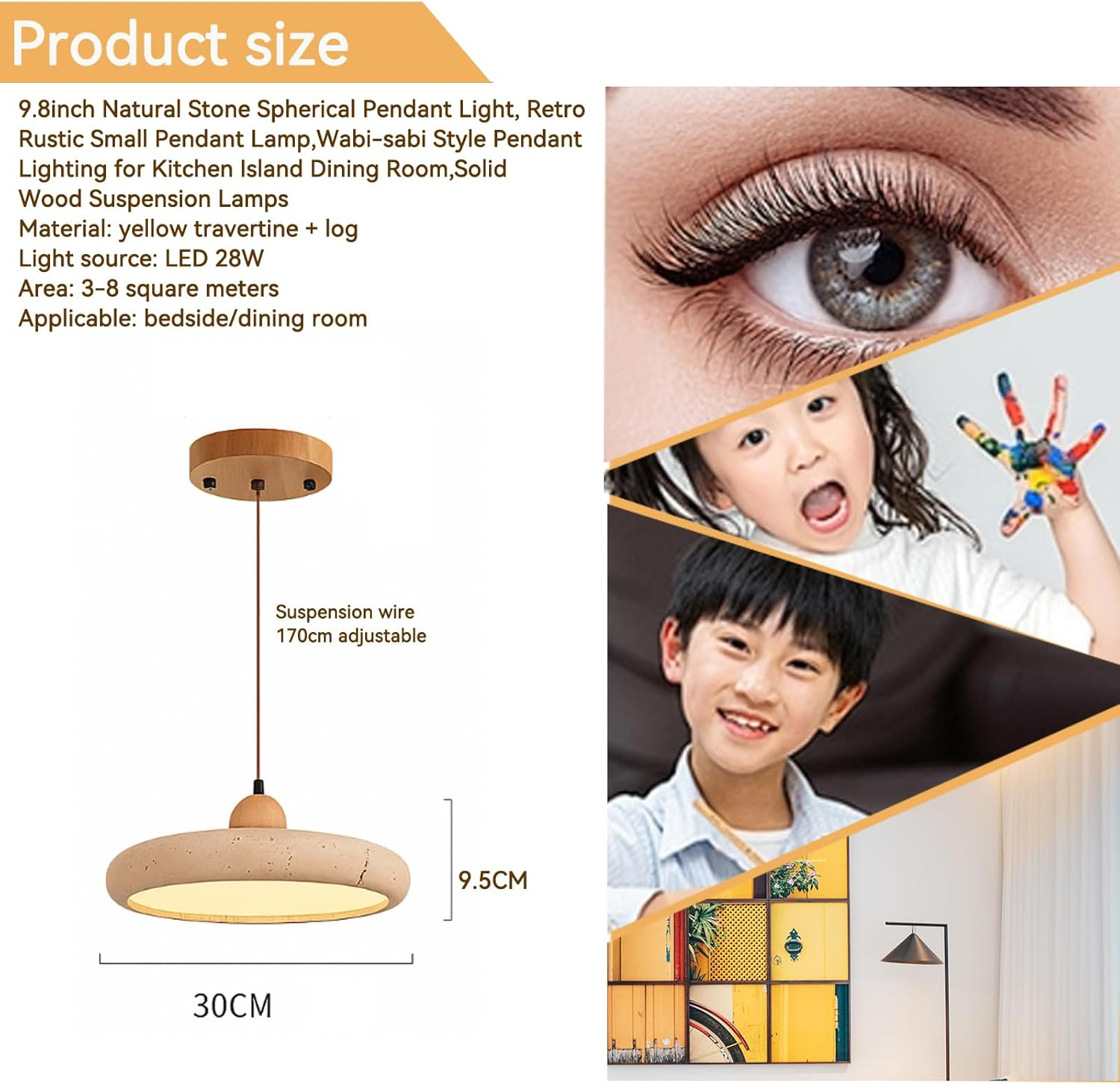 Natural Stone Pendant Light &ndash;Adjustable Hanging Light for Kitchen Island Dining Room Living Room, French Travertine Ceiling Light Fixture with LED, Modern Minimalist Design (B,M) image number 6