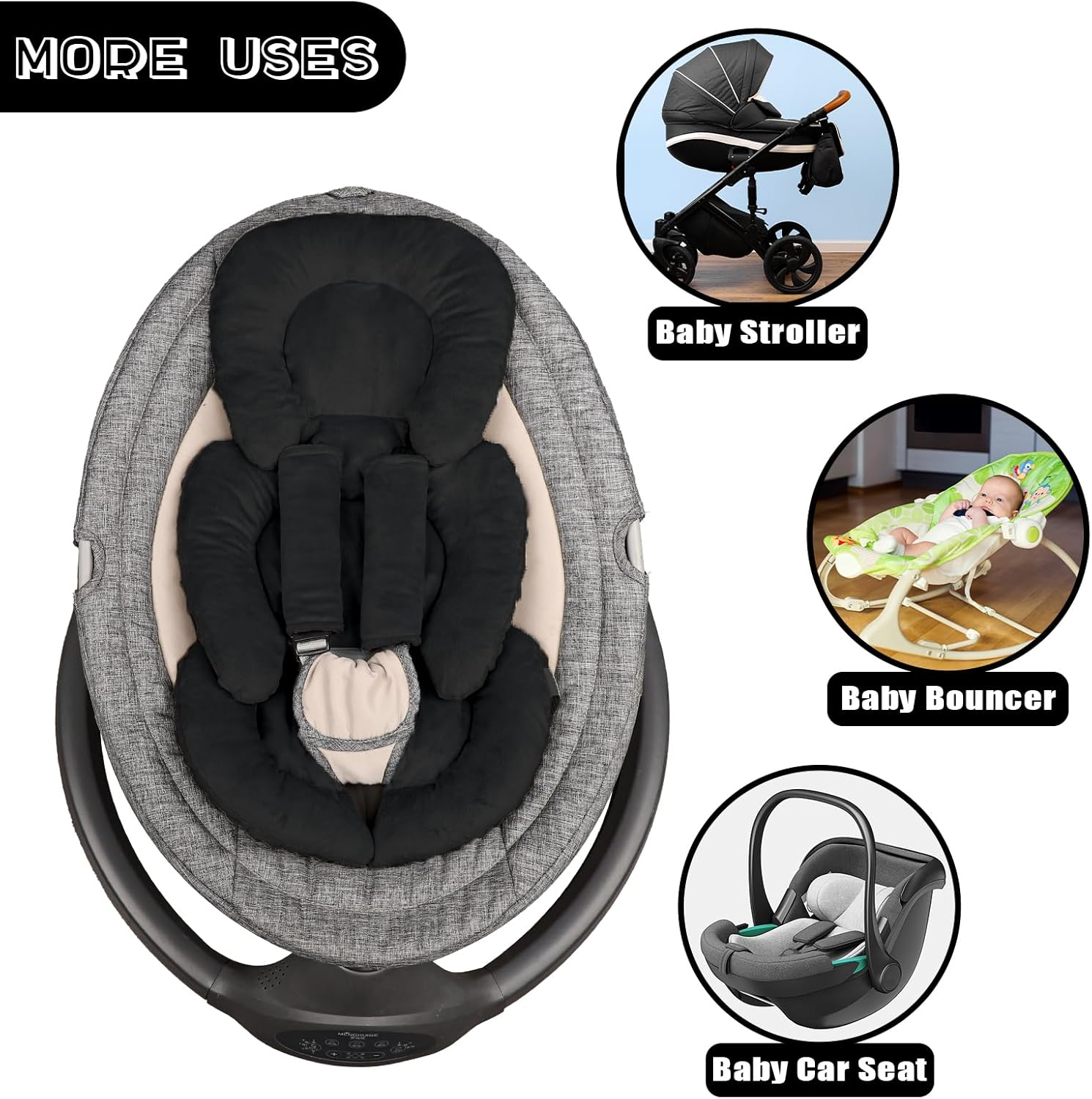 GFU Infant Car Seat Insert Head and Body Support, Reversible Newborn Insert for Carseat with Strap Pads, Soft Stroller Cushion Pillow Insert for Stroller, Swing, Black image number 6