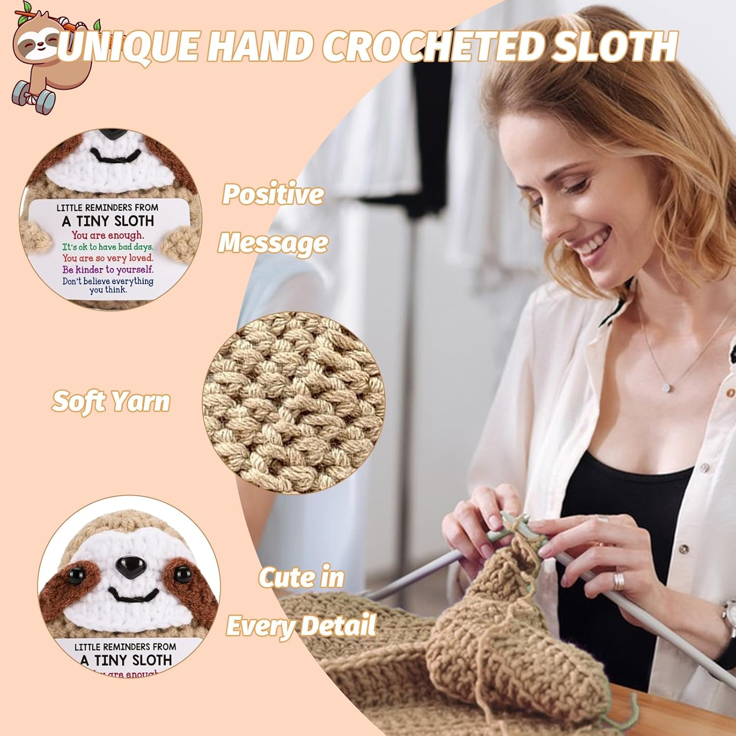 Positive Crochet Sloth - Handmade Emotional Support Gifts for Anxiety Relief, Mental Health, Cute Desk Companion for Women, Birthday, Christmas image number 1