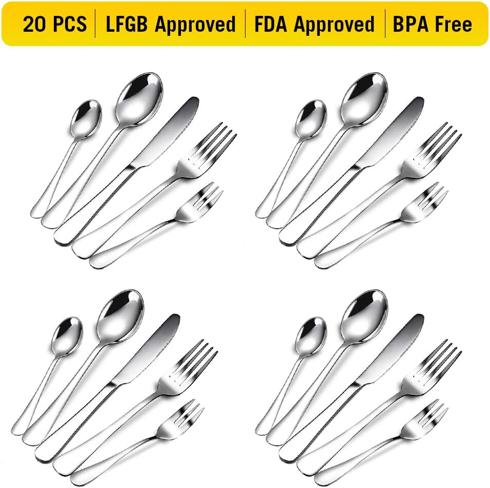 Flatware Set 20 Pieces, Stainless Steel Cutlery Set Flatware Silverware Set with Knife Spoon Fork, Service for 4, Mirror Polish & Dishwasher Safe, Ideal for Home Daily Use/Casual or Formal Dining, Silver image number 1