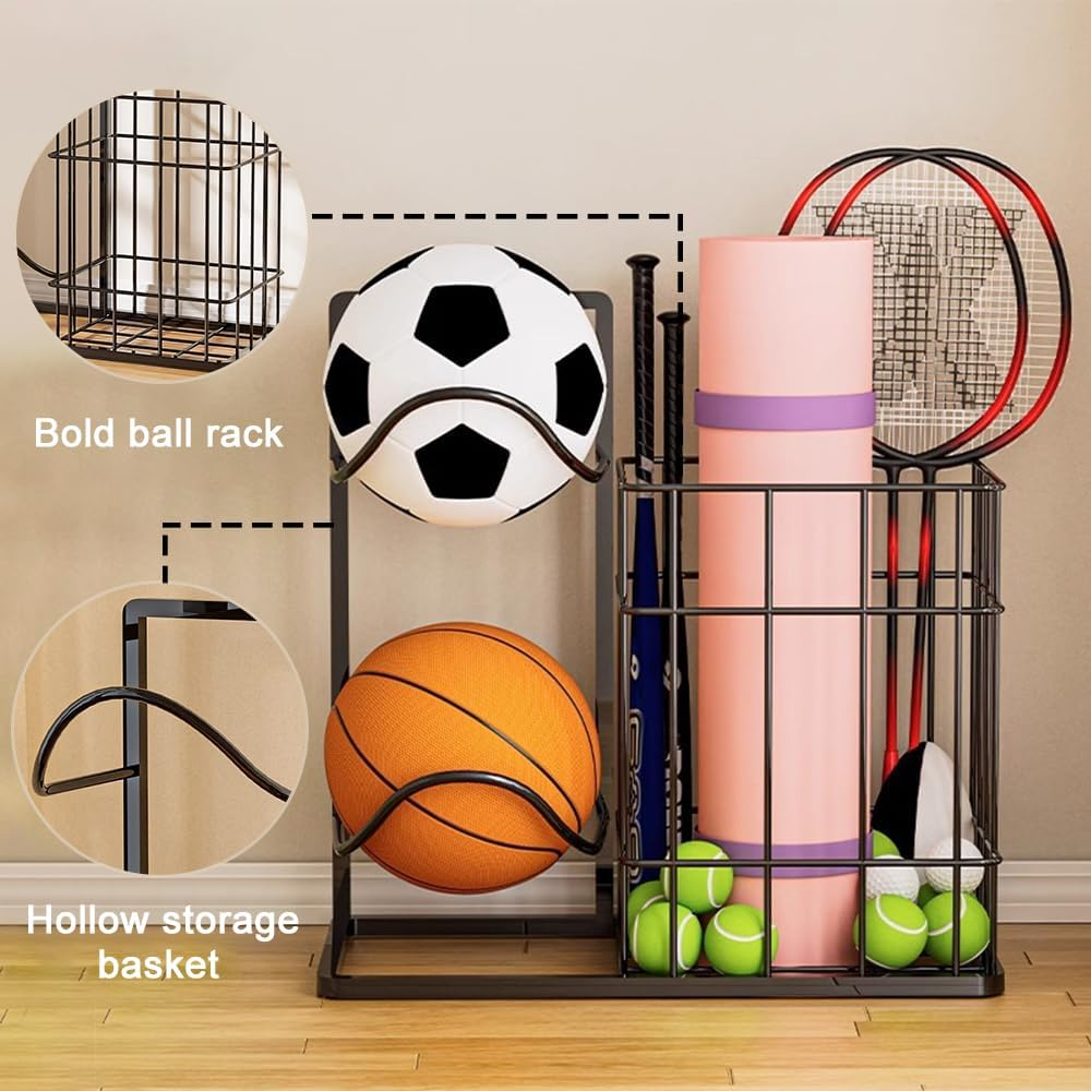 All-In-One Ball Storage Rack, Basketball Organizer Rack with Basket, Fitness Supplies Depositary, for Workout Room Garage School, Sports Equipment Storage for Football Tennis Badminton image number 3