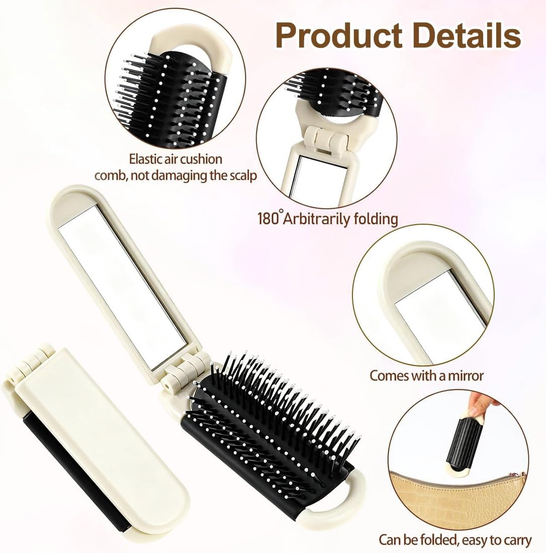 KIRZAX Foldable Travel Hair Brush, Pack of 2 Portable Hair Styling Combs, Hair Combs, Foldable Hair Brush with Mirror, Pockets Hair Comb, Hair Styling Comb for Men and Girls, Cream White image number 1