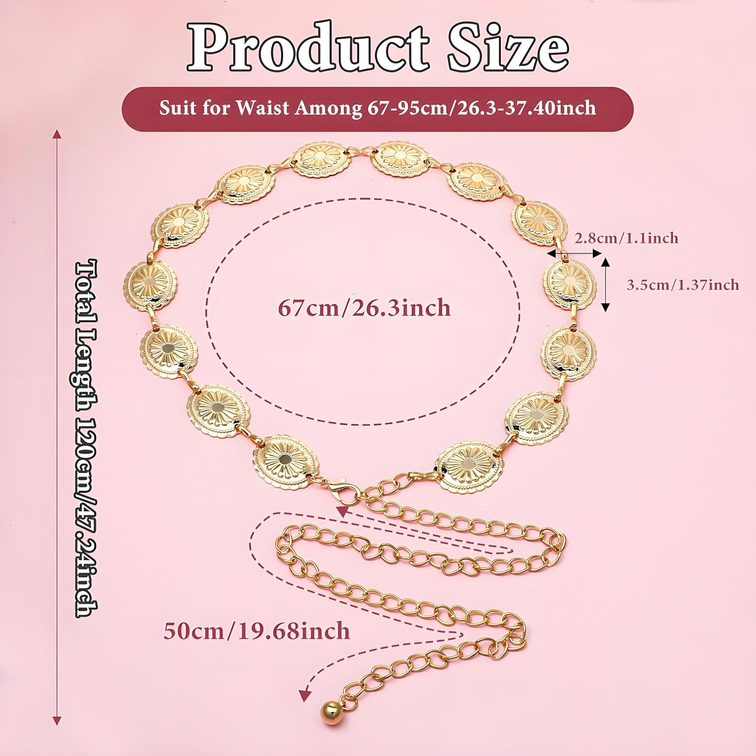 GOEDEKE Gold Daisy Chain Belt, Western Metal Concho Belt, Adjustable Boho Waist Chain, Golden, Women'S Waist Chain image number 3