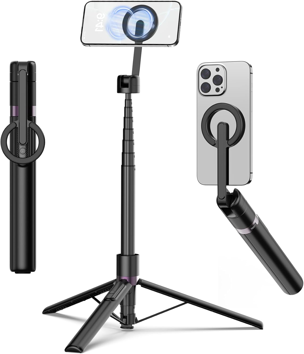TONEOF 68" Selfie Stick Tripod with Aluminum Strong Magnetic Holder Fit for Magsafe, 360&deg; Rotatable Travel Phone Tripod Stand with Rechargeable Remote Compatible for Iphone/Android（Black） image number 4