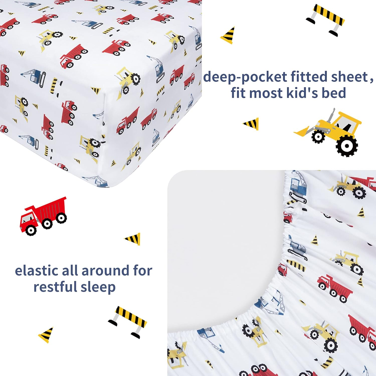 Viviland 4 Pieces Boys White Full Sheet Set - Soft Microfiber Fitted Flat Sheets & Pillowcase Bed Sheet Set - Red Excavator Construction Tractor Truck Bedding Sets - for Kids & Toddlers image number 3