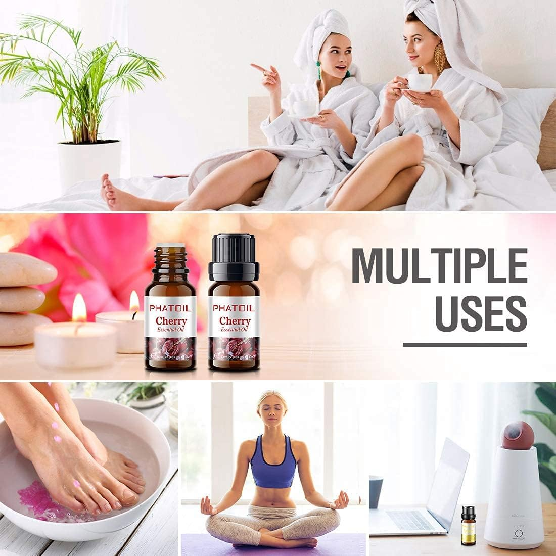 PHATOIL Fruity Fragrance Essential Oil Set 10 X 10 Ml, Aromatherapy Premium Grade Oils Kit, Cherry, Mango, Coconut, Lemon, Apple, Passion Fruit, Watermelon, Sweet Orange, Lime, Strawberry image number 2