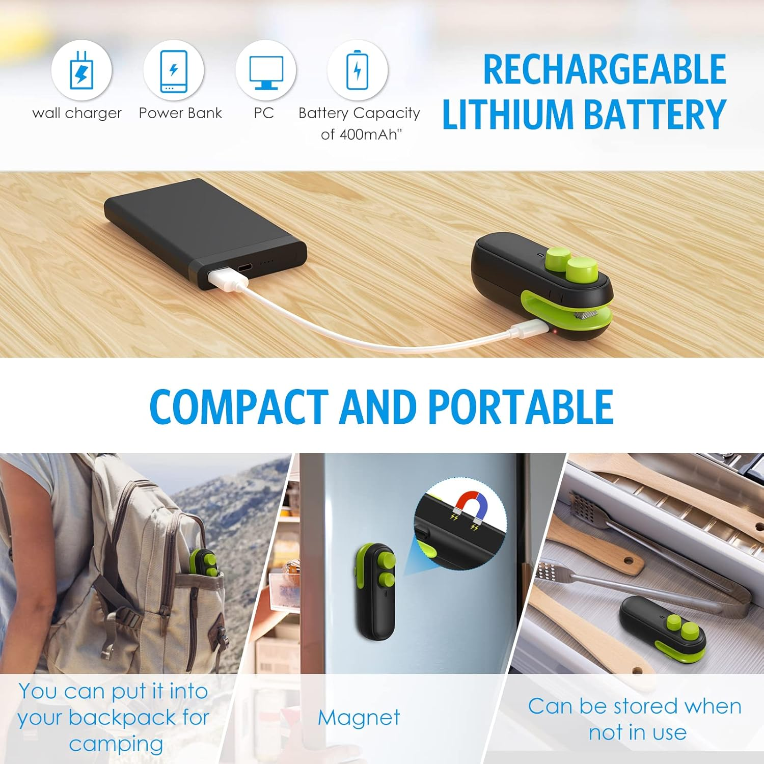 AMIR Mini Bag Sealer, Handheld Heat Sealer, 2 in 1 Plastic Bag Sealer, Portable Heat Vacuum Sealer, Rechargable Mini Sealing Machine, for Plastic Bags Chip Bags Food Storage -Black image number 1