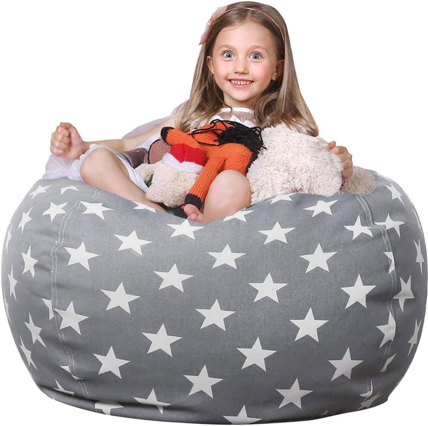 Stuffed Animal Storage Bean Bag Chair, Zipper Beanbag Cover, Stuff and Sit Bean Bag Cover, Washable Pouf Organizer for Plush Toys, Linens, Quilts, Pillows (Grey Star, 32 in Large)