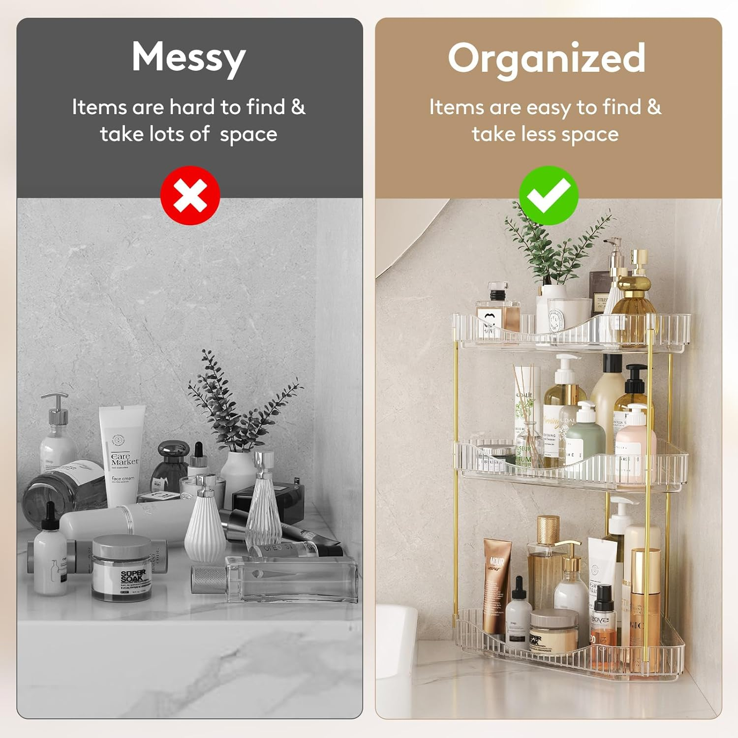 Lifewit 3-Tier Bathroom Organiser Countertop Storage, Plastic Makeup Skincare Organiser, Vanity Perfume Trays Counter Shelf, Corner Shower Caddy, Corner Storage in Dresser, Bedroom, Kitchen, Clear