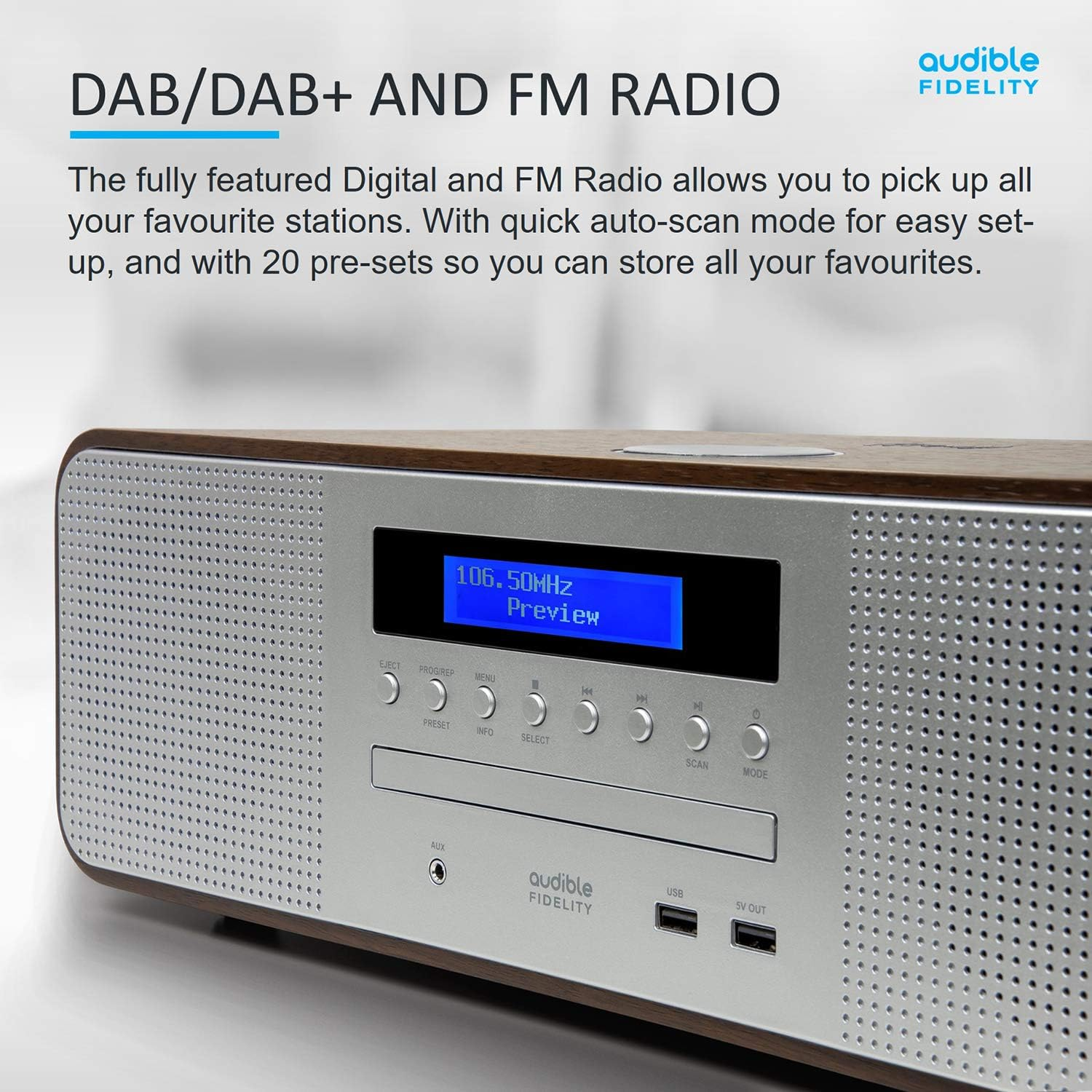 AUDIBLE FIDELITY Complete Hi-Fi DAB/DAB+ Stereo System CD Player with Speakers, Wireless Charging & USB Charging, Bluetooth, MP3 Playback, FM & Digital Radio with Remote Control image number 5