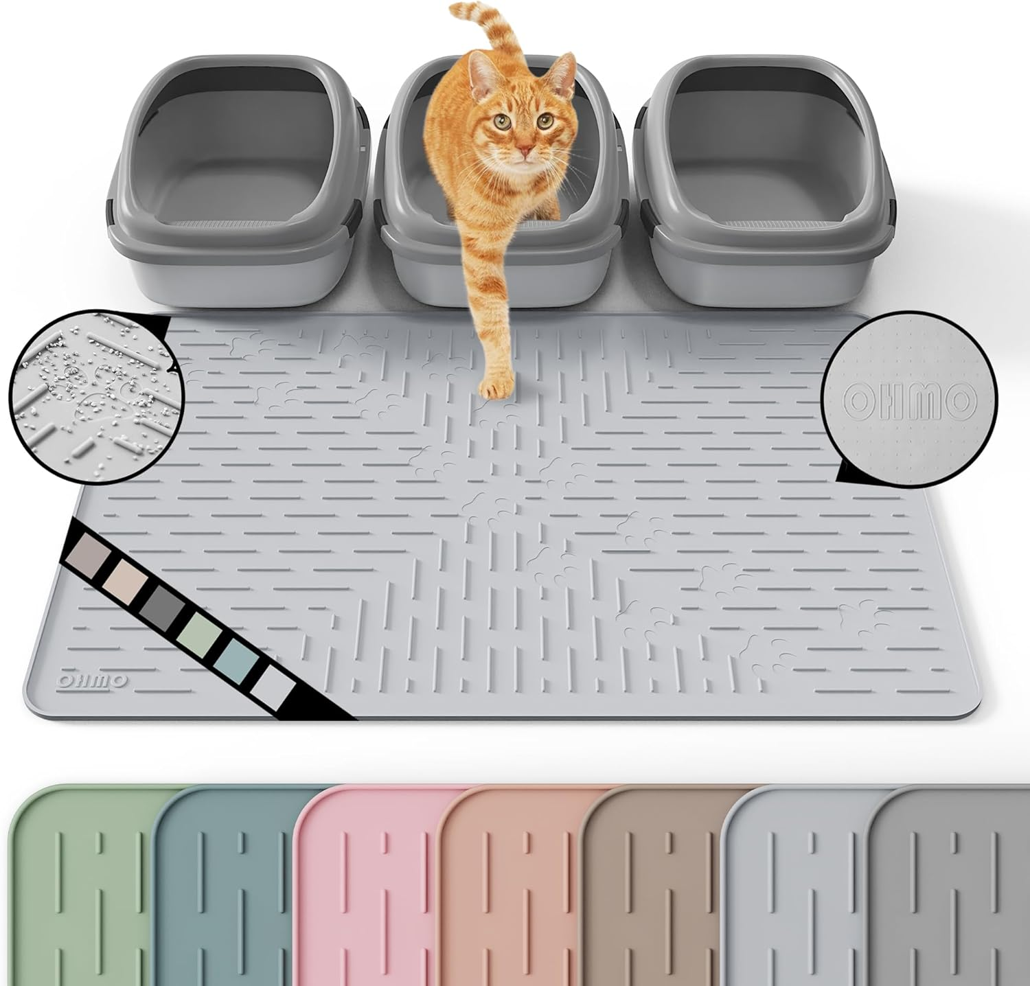 OHMO Cat Litter Mat Large Trapping Mat Premium Silicone Rubber 31.5X23.6" Ash, Waterproof and BPA Free Kitty Litter Box Mat, Easy to Clean and Keeps the Floor Tidy