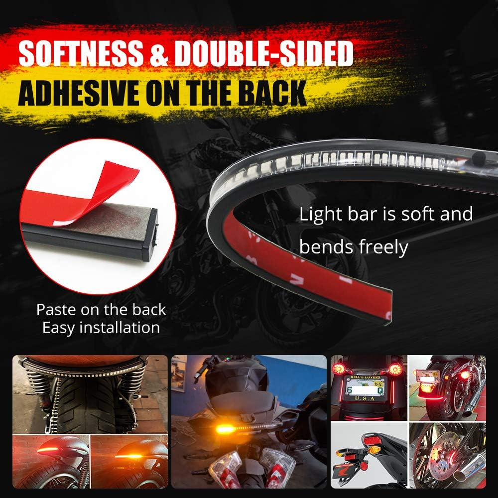 Universal Motorcycle Tail Lights 48 Leds Amber/Red Colors Brake Stop Turn Signal Flexible LED Strips for Davidson Harley,Motorbike,Atv,Rv,Suv,Car.(2-Pack). image number 2