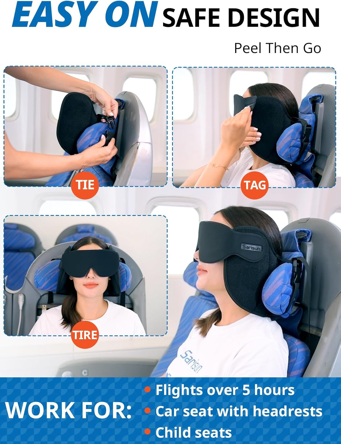 SARISUN Airplane Pillow, Upgrade Travel Pillow for Airplane with Eye Mask, Noise Reducing, 360&deg; Support Stop Bobble, Neck Pillows for Sleeping Travel, Long Flight Travel Essentials, Black
