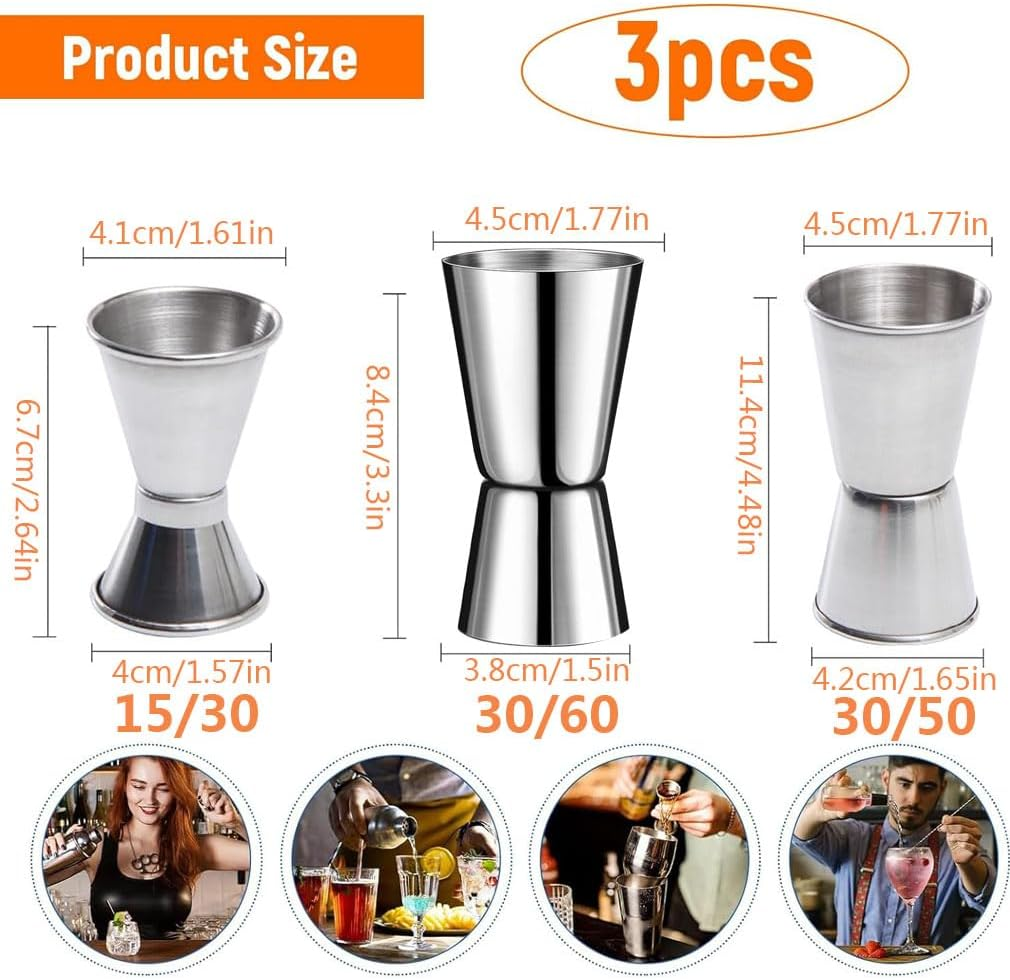 304 Stainless Steel Cocktail Double Jigger, 3 Pack Japanese Style Bar Measuring Jigger Cocktail Alcohol Measuring Tools for Bartender Bartending, 15/30Ml 30Ml/50Ml 30Ml/60Mlz, Silver image number 1