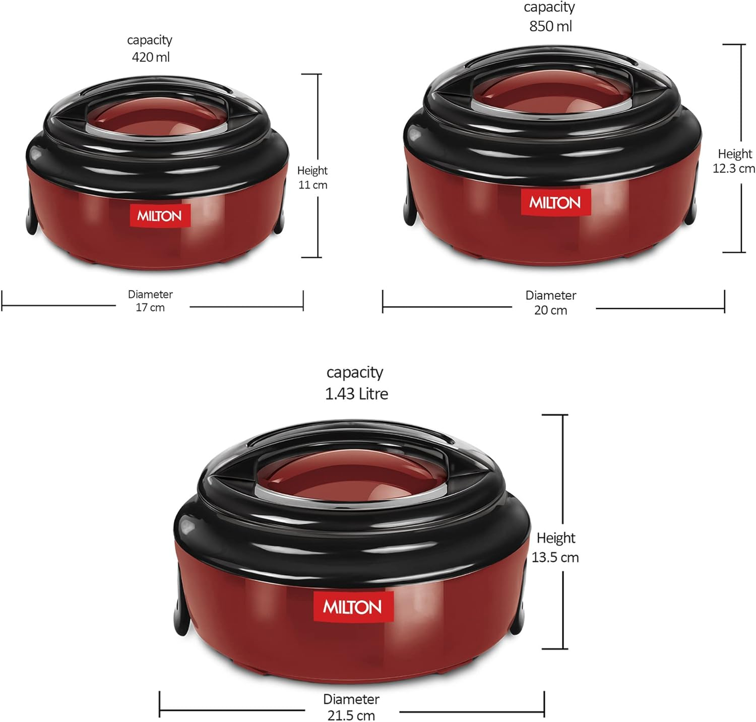 Milton Casserole for Hot Food, Double Walled Insulated Inner Stainless Steel Hot Pot with Lid, Serving Box for Food and Roti, Serving Bowl, Microwave Set of 3 (420 Ml, 850 Ml, 1.43 Lit),Ernesto - Red - Red image number 1