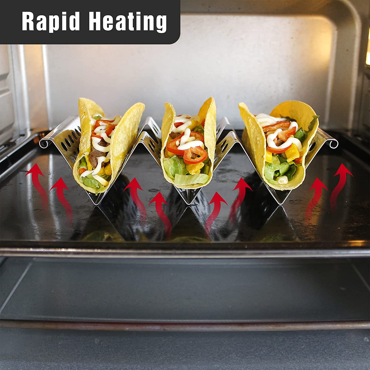 4 Pack Stainless Steel Taco Holders, Premium Taco Stands, Holds 2 or 3 Tacos Each Taco Tray, Taco Rack with Easy-Access Handle, Food Grade Taco Plate Shells Oven & Grill Safe, BPA Free image number 5