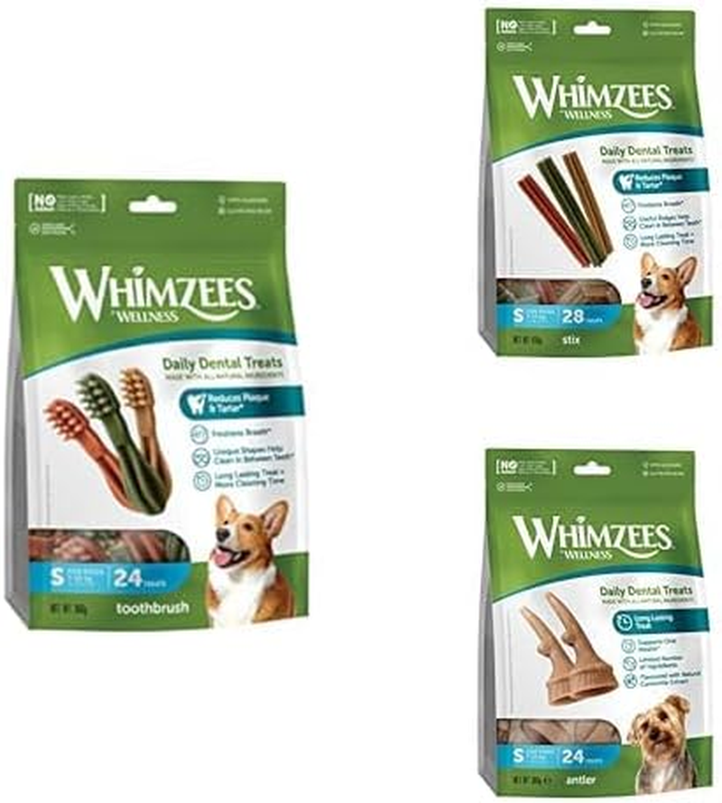 WHIMZEES Variety Bundle Dental Dog Treats, Small (7-12 Kg Dogs), Toothbrush + Antler + Stix - Daily Dental Chews for Dogs (104 Treats) image number 1
