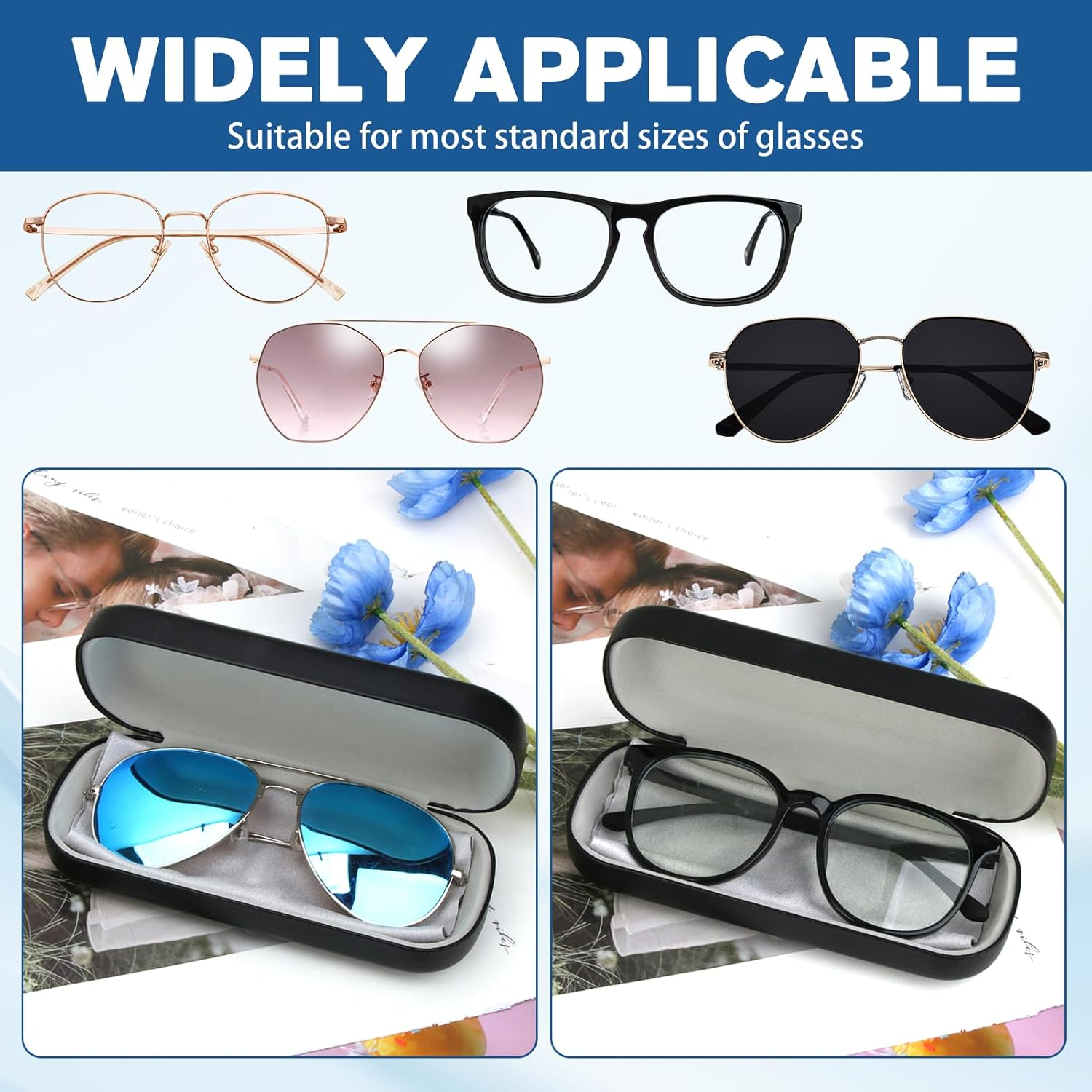 Black Glasses Case, Large Hard Shell Eyeglasses Case with PU Leather Cover, Durable Protective Case for Men & Women, Fits Sunglasses &  Glasses, Includes Soft Grey Cleaning Cloth image number 1