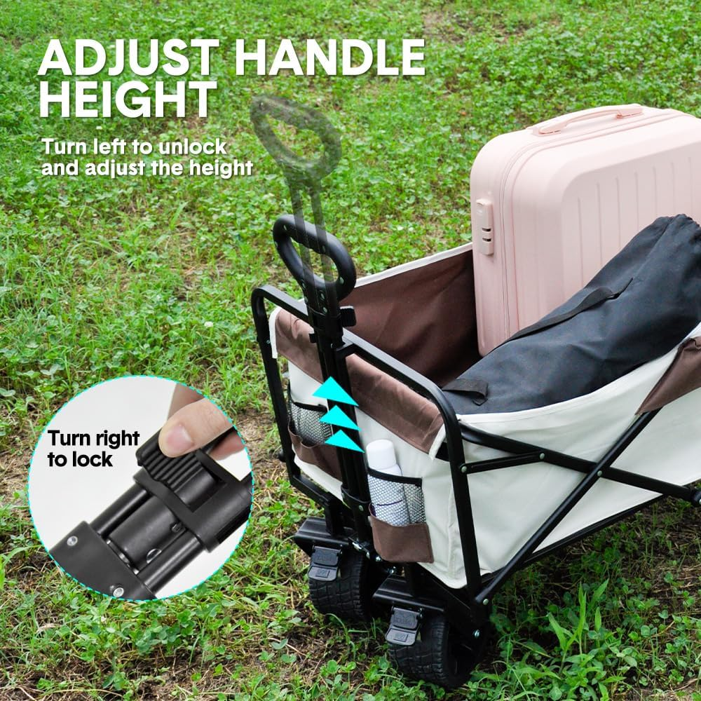 Folding Wagon Cart Camping Cart Beach Trolley Heavy Duty Collapsible Wagon Adjustable Utility Grocery Wagon with Pockets, Adjustable Angle Handle Large Wheels with Lock, 200KG Loading