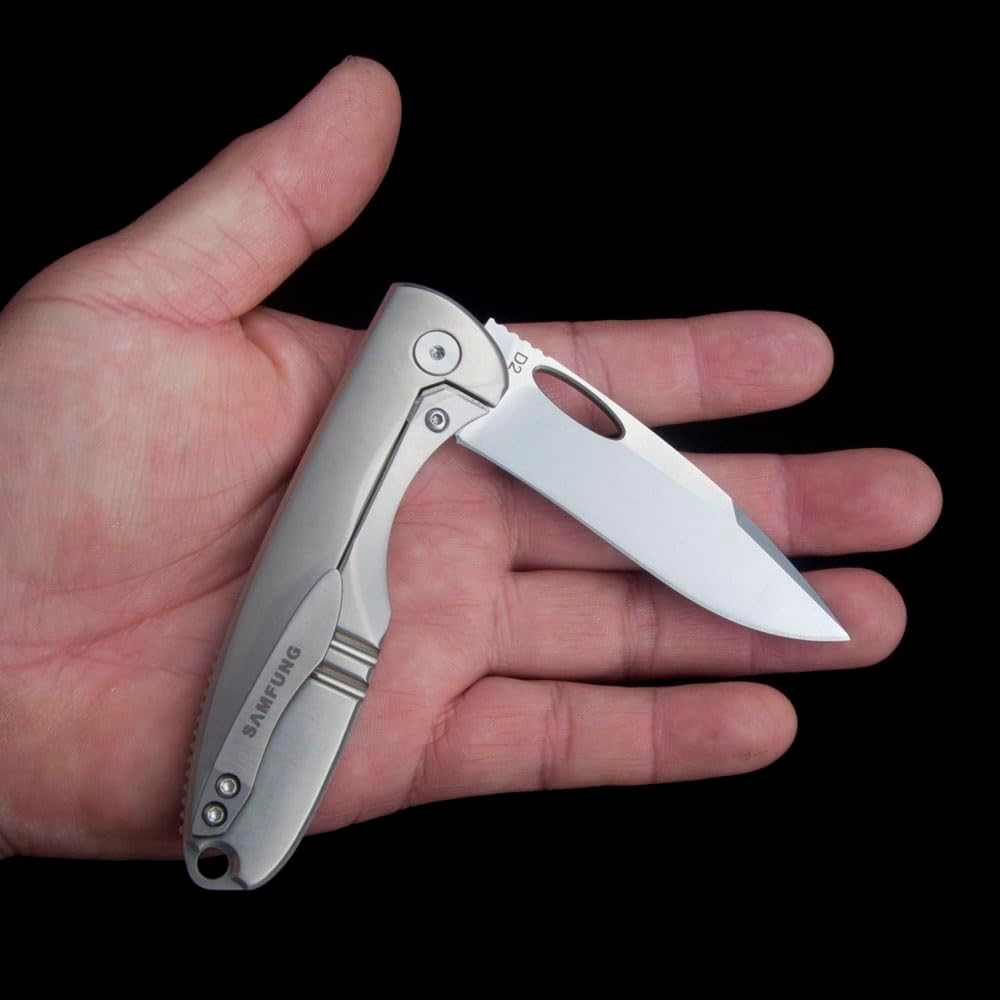 SAMFUNG Folding Pocket Knife, 3 Inch D2 Steel Blade and Titanium Handle, EDC Knife for Outdoor Camping Gift (Titanium)