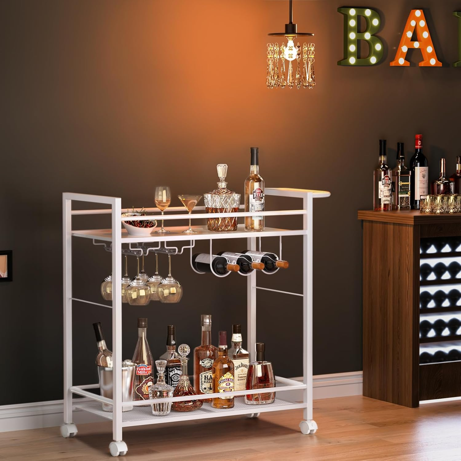 LELELINKY White Serving Trolley, Bar Trolley with Wheels, Modern Bar Cart with Storage Space, Wine Trolley with Wine Rack and Wine Glass Holder for Kitchen, Living Room & Dining Room