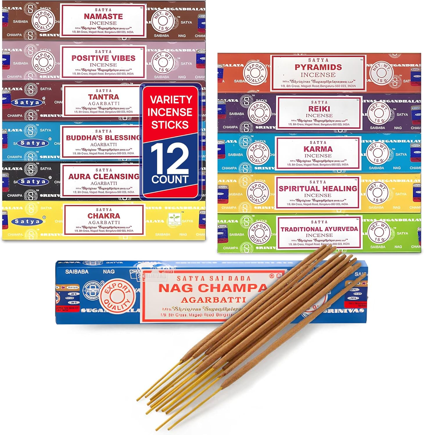 Set of 12 Nag Champa Namaste Positive Vibes Tantra Buddha Blessing Aura Cleansing Chakra Pyramids Reiki Karma Spiritual Healing Traditional Ayurveda by Satya image number 1