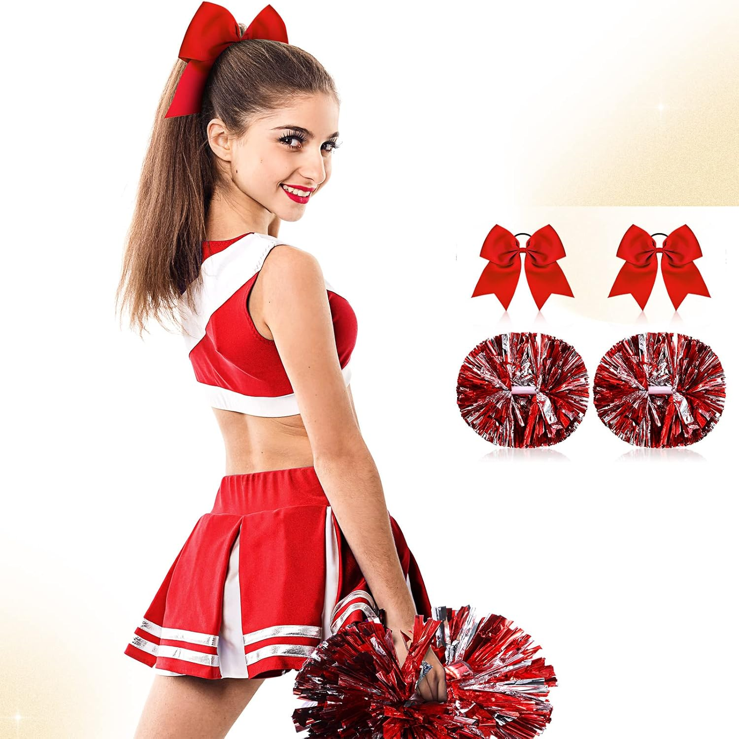 12 Pack 14 Inch Cheerleading Pom Poms and 6 Large Cheerleader Bow Cheer Pom Poms with Baton Handle and Cheerleader Hair Bows for Teen Girls Softball Dance Cheerleader Outfit Uniform (Red) image number 3