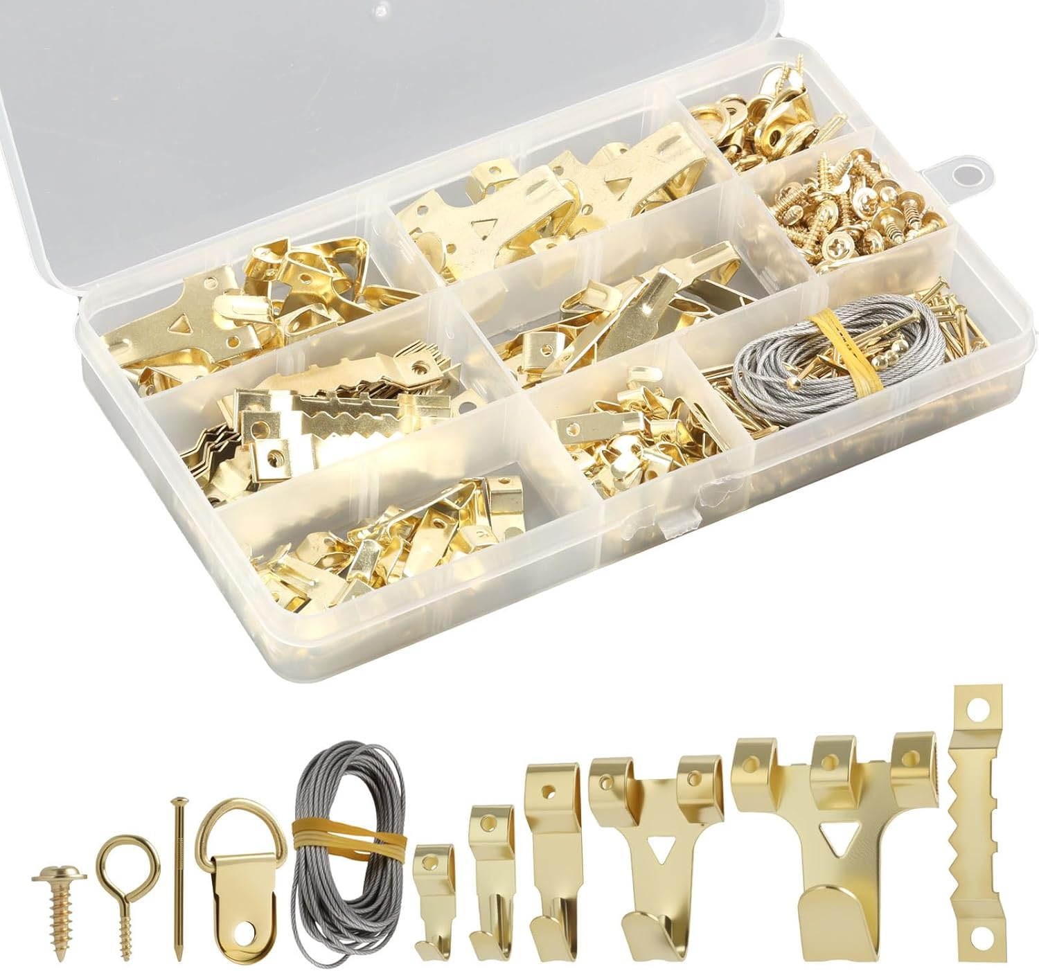 282 Pcs Picture Hooks Set, Picture Hanging Kit with Heavy Duty Frame Hooks, Nails, D-Ring, Sawtooth Hardware, Gold Metal Picture Hanger Assortment for Frames Mounting image number 5