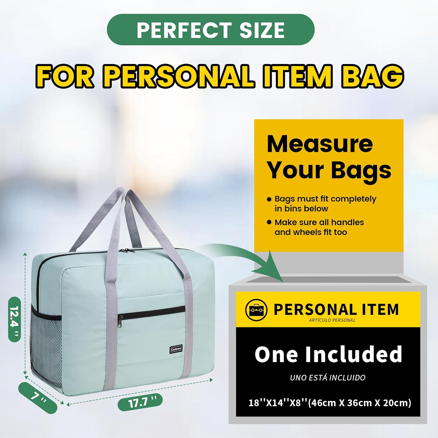 Personal Item Bag for Airlines - Foldable Travel Bag 18X14X8 Small Duffle Bag for Spirit Frontier Weekender Overnight - Green image number 3