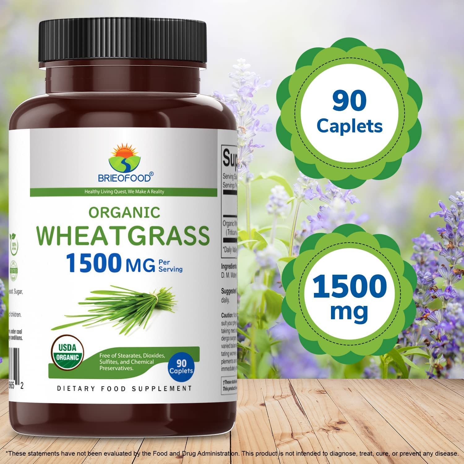 Brieofood Organic Wheatgrass 1500Mg, 45 Servings, Vegetarian, Gluten Free, 90 Vegetarian Tablets image number 5