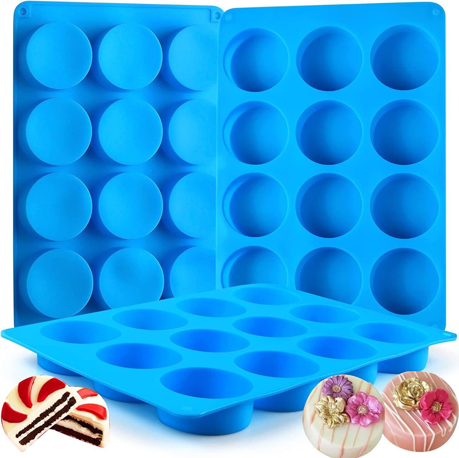 Sidosir 3Pcs Oreo Cookie Chocolate Silicone Mold, 12-Cavity round Cylinder Oreo Chocolate Cover Molds for Candy, Silicone Baking Molds for Mini Cakes, Jelly