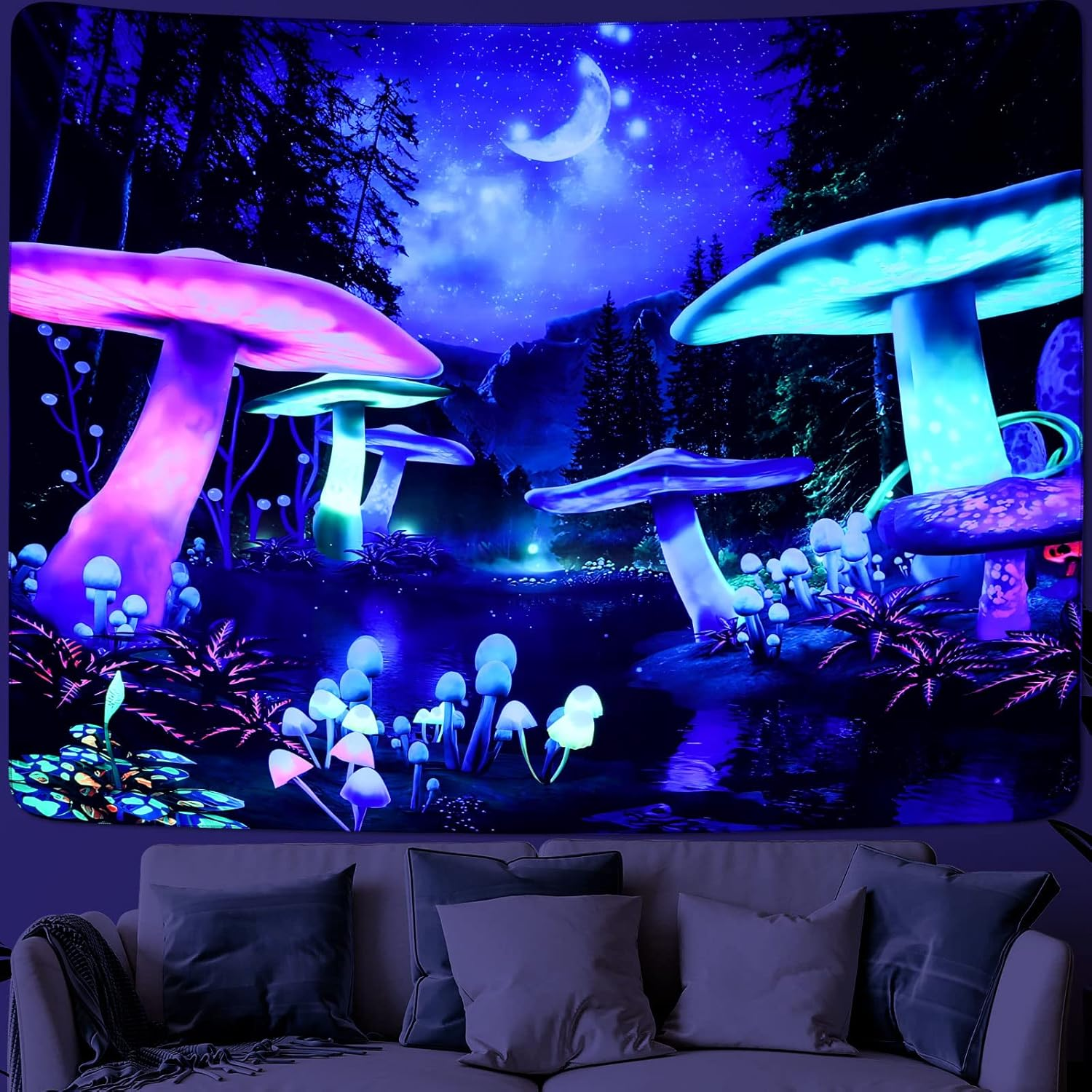 Mitogadget Blacklight Tapestry for Bedroom Aesthetic, Trippy Tapestry UV Reactive Galaxy Space Glow in the Dark, Fantasy Forest Moon Wall Tapestry for Dorm Living Room Decor, 59.1ʺ X 51.2ʺ image number 4